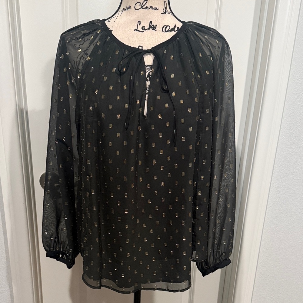 Tahari Black Sheer Blouse with Gold Accents